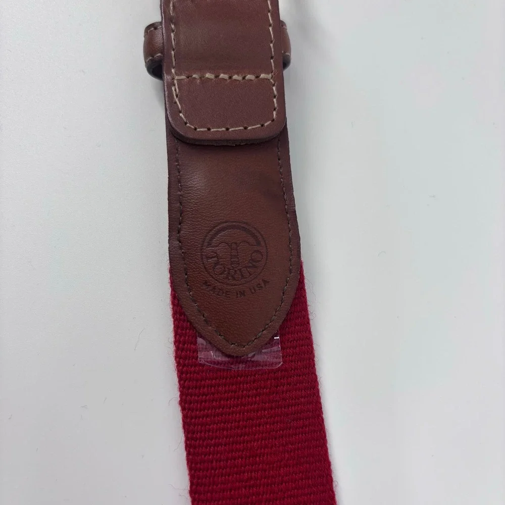 Torino Leather Trim Canvas Webbing Belt Mens 34 Burgundy Brass Buckle *FLAW